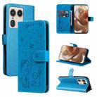 For Motorola Edge 50 Ultra Cat and Bee Embossed Flip Leather Phone Case(Blue) - 1