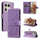 For Motorola Edge 50 Ultra Cat and Bee Embossed Flip Leather Phone Case(Purple) - 1