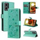 For Motorola Moto G85 Cat and Bee Embossed Flip Leather Phone Case(Green) - 1