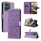 For Motorola Edge 50 5G Cat and Bee Embossed Flip Leather Phone Case(Purple) - 1