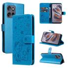 For Motorola Edge 50 Neo Cat and Bee Embossed Flip Leather Phone Case(Blue) - 1