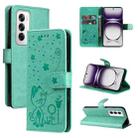 For OPPO Reno12 5G Global Cat and Bee Embossed Flip Leather Phone Case(Green) - 1