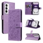 For OPPO Reno12 5G Global Cat and Bee Embossed Flip Leather Phone Case(Purple) - 1