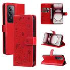 For OPPO Reno12 Pro 5G Global Cat and Bee Embossed Flip Leather Phone Case(Red) - 1