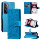 For OPPO Reno12 Pro 5G Global Cat and Bee Embossed Flip Leather Phone Case(Blue) - 1