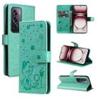 For OPPO Reno12 Pro 5G Global Cat and Bee Embossed Flip Leather Phone Case(Green) - 1