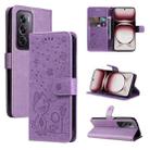 For OPPO Reno12 Pro 5G Global Cat and Bee Embossed Flip Leather Phone Case(Purple) - 1
