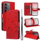 For Realme 14x 5G Global Cat and Bee Embossed Flip Leather Phone Case(Red) - 1