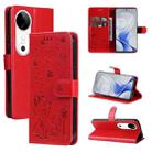 For vivo V40 5G Cat and Bee Embossed Flip Leather Phone Case(Red) - 1