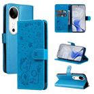 For vivo V40 5G Cat and Bee Embossed Flip Leather Phone Case(Blue) - 1