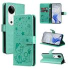 For vivo V40 5G Cat and Bee Embossed Flip Leather Phone Case(Green) - 1