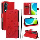 For vivo Y29S 5G / Y04 Cat and Bee Embossed Flip Leather Phone Case(Red) - 1