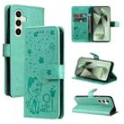 For Samsung Galaxy S24 FE 5G Cat and Bee Embossed Flip Leather Phone Case(Green) - 1