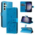 For Samsung Galaxy S25 / S24 5G Cat and Bee Embossed Flip Leather Phone Case(Blue) - 1