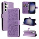 For Samsung Galaxy S25+ / S24+ 5G Cat and Bee Embossed Flip Leather Phone Case(Purple) - 1