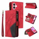 For iPhone 16 Dual-color 9 Card Slots Zipper Wallet Leather Phone Case(Red) - 1