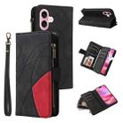 For iPhone 16 Dual-color 9 Card Slots Zipper Wallet Leather Phone Case(Black) - 1