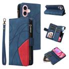 For iPhone 16 Dual-color 9 Card Slots Zipper Wallet Leather Phone Case(Blue) - 1