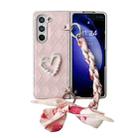 For Samsung Galaxy Z Fold4 Diamond Square 3D Heart Pattern Full Coverage Phone Case with Scarf / Bracelet(Pink) - 1