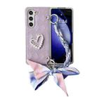 For Samsung Galaxy Z Fold4 Diamond Square 3D Heart Pattern Full Coverage Phone Case with Scarf / Bracelet(Purple) - 1