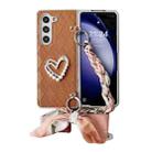 For Samsung Galaxy Z Fold5 Diamond Square 3D Heart Pattern Full Coverage Phone Case with Scarf / Bracelet(Brown) - 1