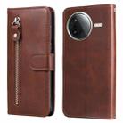 For Redmi K80 Fashion Calf Texture Zipper Leather Phone Case(Brown) - 1
