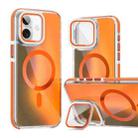 For iPhone 16 Plus MagSafe Gradient Color Lens Film Phone Case with Lens Fold Holder(Orange) - 1