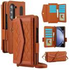 For Samsung Galaxy Z Fold5 Splicing Rhombic Texture Card Holder Phone Case with Lanyard, Not Included Pen(Brown) - 1