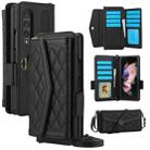 For Samsung Galaxy Z Fold4 Splicing Rhombic Texture Card Holder Phone Case with Lanyard, Not Included Pen(Black) - 1