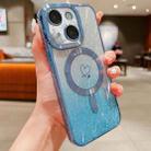 For iPhone 15 Plus Loves Leaves Gradient Glitter Carbon Fiber Magsafe TPU Phone Case(Blue) - 1