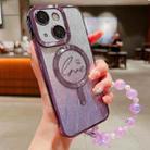 For iPhone 15 Dual-Love Leaves Gradient Glitter Bracelets Magsafe TPU Phone Case(Purple) - 1