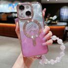 For iPhone 15 Plus Dual-Love Feather  Gradient Glitter Bracelets Magsafe TPU Phone Case(Pink) - 1