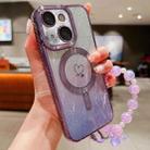 For iPhone 14 Plus Loves Leaves Gradient Glitter Bracelets Carbon Fiber Magsafe TPU Phone Case(Purple) - 1