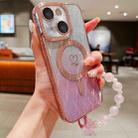 For iPhone 14 Loves Leaves Gradient Glitter Bracelets Carbon Fiber Magsafe TPU Phone Case(Pink) - 1