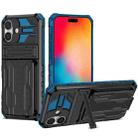 For iPhone 16 Plus Kickstand Armor Card Wallet Phone Case(Blue) - 1