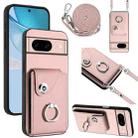 For Google Pixel 8a Organ Card Bag Ring Holder Phone Case with Long Lanyard(Pink) - 1