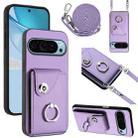 For Google Pixel 9 Organ Card Bag Ring Holder Phone Case with Long Lanyard(Purple) - 1