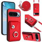 For Google Pixel 9 Organ Card Bag Ring Holder Phone Case with Long Lanyard(Red) - 1