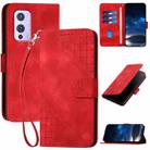 For OnePlus 9 YX0080 Grid Butterfly Embossed Pattern Flip Leather Phone Case with Lanyard(Red) - 1