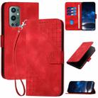 For OnePlus 9 Pro YX0080 Grid Butterfly Embossed Pattern Flip Leather Phone Case with Lanyard(Red) - 1