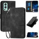 For OnePlus Nord 2 5G YX0080 Grid Butterfly Embossed Pattern Flip Leather Phone Case with Lanyard(Black) - 1