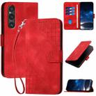 For Sony Xperia 1 V 2023 YX0080 Grid Butterfly Embossed Pattern Flip Leather Phone Case with Lanyard(Red) - 1