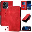 For Redmi 13C YX0080 Grid Butterfly Embossed Pattern Flip Leather Phone Case with Lanyard(Red) - 1