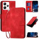 For Redmi 12 5G YX0080 Grid Butterfly Embossed Pattern Leather Phone Case with Lanyard(Red) - 1