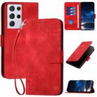 For Samsung Galaxy S21 Ultra 5G YX0080 Grid Butterfly Embossed Pattern Flip Leather Phone Case with Lanyard(Red) - 1