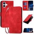 For iPhone 16 Plus YX0080 Grid Butterfly Embossed Pattern Flip Leather Phone Case with Lanyard(Red) - 1