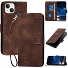 For iPhone 14 Plus YX0080 Grid Butterfly Embossed Pattern Flip Leather Phone Case with Lanyard(Coffee) - 1