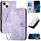 For iPhone 14 Plus YX0080 Grid Butterfly Embossed Pattern Flip Leather Phone Case with Lanyard(Light Purple) - 1