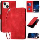 For iPhone 14 YX0080 Grid Butterfly Embossed Pattern Flip Leather Phone Case with Lanyard(Red) - 1