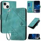 For iPhone 14 YX0080 Grid Butterfly Embossed Pattern Flip Leather Phone Case with Lanyard(Light Blue) - 1